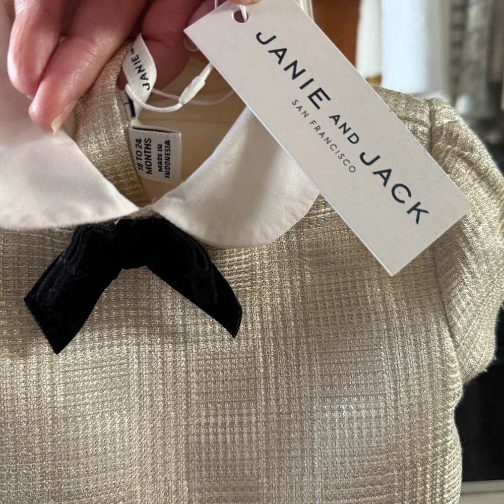 Janie and Jack Cream Dress with Black Velvet Bow - Picture 6 of 6